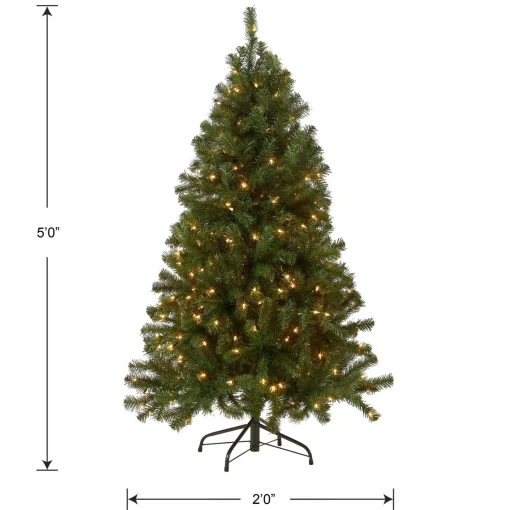 Full-National Tree Company Pre-Lit Artificial Full Christmas Tree, Green, North Valley Spruce, White Lights, Includes Stand, 5 Feet