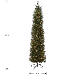 Slim-National Tree Company Pre-Lit Artificial Giant Slim Christmas Tree, Green, Carolina Pine, White Lights, Flocked With Pine Cones, Includes Stand, 12 Feet
