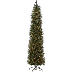 Slim-National Tree Company Pre-Lit Artificial Giant Slim Christmas Tree, Green, Carolina Pine, White Lights, Flocked With Pine Cones, Includes Stand, 12 Feet