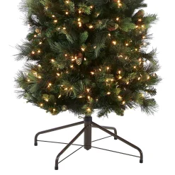 Slim-National Tree Company Pre-Lit Artificial Giant Slim Christmas Tree, Green, Carolina Pine, White Lights, Flocked With Pine Cones, Includes Stand, 12 Feet