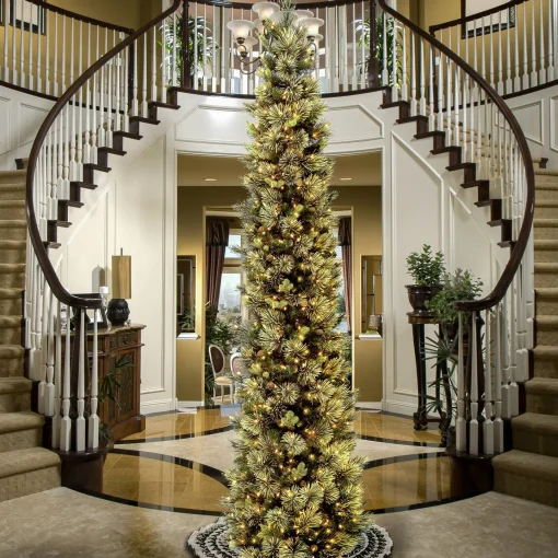 Clear-National Tree Company Pre-Lit Artificial Giant Slim Christmas Tree, Green, Carolina Pine, White Lights, Flocked With Pine Cones, Includes Stand, 12 Feet