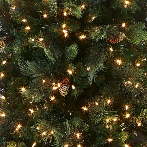 Clear-National Tree Company Pre-Lit Artificial Giant Slim Christmas Tree, Green, Carolina Pine, White Lights, Flocked With Pine Cones, Includes Stand, 12 Feet