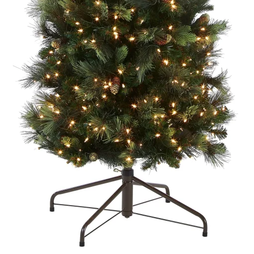 Clear-National Tree Company Pre-Lit Artificial Giant Slim Christmas Tree, Green, Carolina Pine, White Lights, Flocked With Pine Cones, Includes Stand, 12 Feet