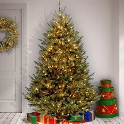 7Ft - 9Ft-National Tree Company Pre-Lit Artificial Medium Christmas Tree, Green, Natural Fraser Fir, White Lights, Includes Stand, 7.5 Feet