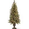 Slim-National Tree Company Pre-Lit Artificial Mini Christmas Tree, Green, Glittery Bristle Pine, White Led Lights, Flocked With Pine Cones, Frosted Branches, Includes Decorative Urn Base, 4 Feet