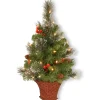 Slim-National Tree Company Pre-Lit Artificial Mini Christmas Tree, Green, Crestwood Spruce, White Lights, Decorated With Pine Cones, Berry Clusters, Frosted Branches, Includes Wicker Base, 3 Feet