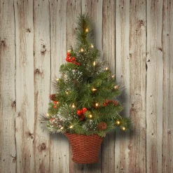 Slim-National Tree Company Pre-Lit Artificial Mini Christmas Tree, Green, Crestwood Spruce, White Lights, Decorated With Pine Cones, Berry Clusters, Frosted Branches, Includes Wicker Base, 3 Feet