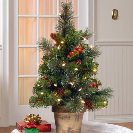 Under 5Ft-National Tree Company Pre-Lit Artificial Mini Christmas Tree, Green, Crestwood Spruce, White Lights, Decorated With Pine Cones, Berry Clusters, Frosted Branches, Includes Pot Base, 2 Feet