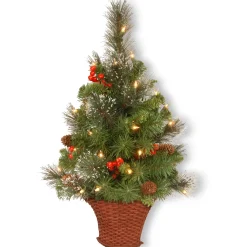 5Ft - 6Ft-National Tree Company Pre-Lit Artificial Mini Christmas Tree, Green, Crestwood Spruce, White Lights, Decorated With Pine Cones, Berry Clusters, Frosted Branches, Includes Wicker Base, 3 Feet