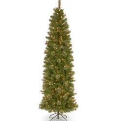 Slim-National Tree Company Pre-Lit Artificial Slim Christmas Tree, Tacoma Pine, Green, White Lights, Includes Stand, 9 Feet