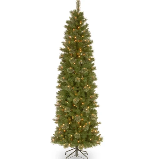 Slim-National Tree Company Pre-Lit Artificial Slim Christmas Tree, Tacoma Pine, Green, White Lights, Includes Stand, 9 Feet