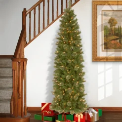 Slim-National Tree Company Pre-Lit Artificial Slim Christmas Tree, Tacoma Pine, Green, White Lights, Includes Stand, 9 Feet
