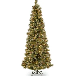 Slim-National Tree Company Pre-Lit Artificial Slim Christmas Tree, Green, Glittery Bristle Pine, White Lights, Includes Stand, 7.5 Feet