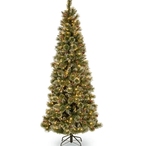 Slim-National Tree Company Pre-Lit Artificial Slim Christmas Tree, Green, Glittery Bristle Pine, White Lights, Includes Stand, 7.5 Feet