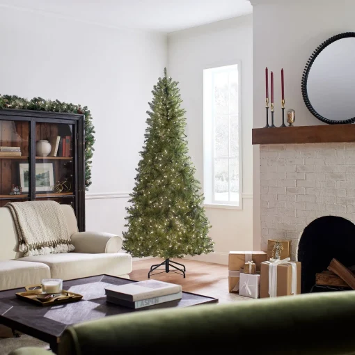 7Ft - 9Ft-National Tree Company Pre-Lit Artificial Slim Christmas Tree, Green, Dunhill Fir, White Lights, Includes Stand, 7.5 Feet