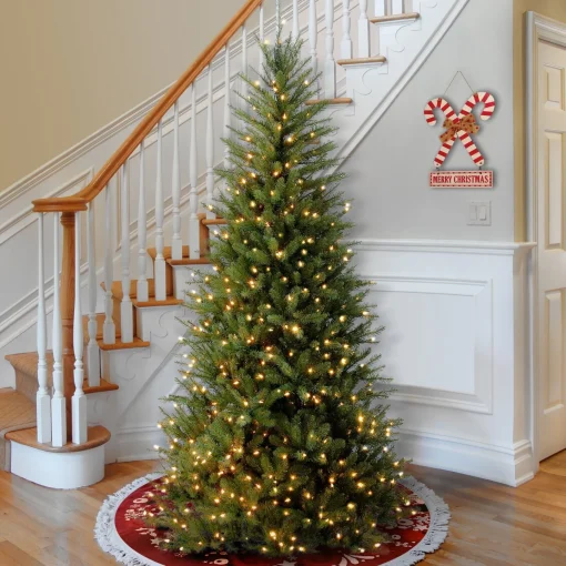 7Ft - 9Ft-National Tree Company Pre-Lit Artificial Slim Christmas Tree, Green, Dunhill Fir, White Lights, Includes Stand, 7.5 Feet