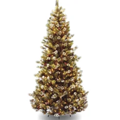 Slim-National Tree Company Pre-Lit Artificial Slim Christmas Tree, Green, Glittery Bristle Pine, White Lights, Flocked With Pine Cones, Frosted Branches, Includes Stand, 7.5 Feet