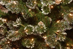 Slim-National Tree Company Pre-Lit Artificial Slim Christmas Tree, Green, Glittery Bristle Pine, White Lights, Flocked With Pine Cones, Frosted Branches, Includes Stand, 7.5 Feet