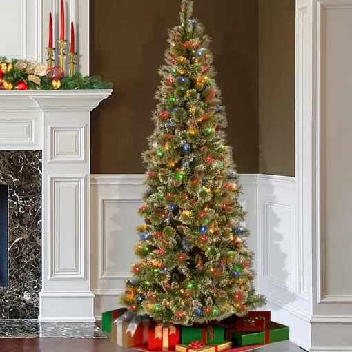 National Tree Company Slim^Pre-Lit Artificial Slim Christmas Tree, Glittering Pine, Green, Multicolor Lights, Decorated With Pine Cones, Ball Ornaments, Includes Stand, 9 Feet