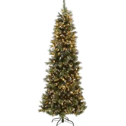 Slim-National Tree Company Pre-Lit Artificial Slim Christmas Tree, Green, Glittery Bristle Pine, White Lights, Includes Stand, 7.5 Feet