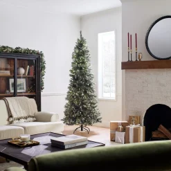 Slim-National Tree Company Pre-Lit Artificial Slim Christmas Tree, Green, Glittery Bristle Pine, White Lights, Includes Stand, 7.5 Feet