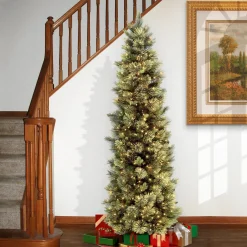 Slim-National Tree Company Pre-Lit Artificial Slim Christmas Tree, Green, Carolina Pine, White Lights, Includes Stand, 6.5 Feet