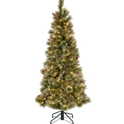 Slim-National Tree Company Pre-Lit Artificial Slim Christmas Tree, Glittering Pine, Green, White Lights, Decorated With Pine Cones, Includes Stand, 5 Feet