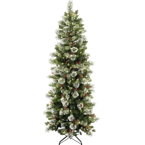Slim-National Tree Company Pre-Lit Artificial Slim Christmas Tree, Wintry Pine, Green, White Lights, Decorated With Pine Cones, Includes Stand, 7.5 Feet