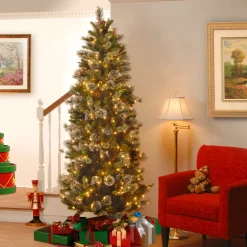Slim-National Tree Company Pre-Lit Artificial Slim Christmas Tree, Wintry Pine, Green, White Lights, Decorated With Pine Cones, Includes Stand, 7.5 Feet
