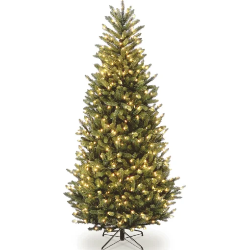 National Tree Company Slim^Pre-Lit Artificial Slim Christmas Tree, Green, Natural Fraser Fir, White Lights, Includes Stand, 7 Feet