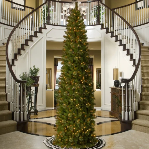 Slim-National Tree Company Pre-Lit Artificial Slim Christmas Tree, Tacoma Pine, Green, White Lights, Includes Stand, 12 Feet