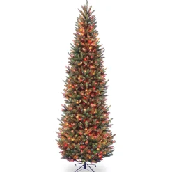Slim-National Tree Company Pre-Lit Artificial Slim Christmas Tree, Green, Natural Fraser Fir, Multicolor Lights, Includes Stand, 9 Feet