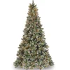 Full-National Tree Company Pre-Lit Artificial Slim Christmas Tree, Green, Glittery Bristle Pine, White Lights, Flocked With Pine Cones, Frosted Branches, Includes Stand, 9 Feet