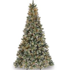 Full-National Tree Company Pre-Lit Artificial Slim Christmas Tree, Green, Glittery Bristle Pine, White Lights, Flocked With Pine Cones, Frosted Branches, Includes Stand, 9 Feet