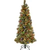 Slim-National Tree Company Pre-Lit Artificial Slim Christmas Tree, Glittering Pine, Green, Multicolor Lights, Decorated With Pine Cones, Ball Ornaments, Includes Stand, 5 Feet