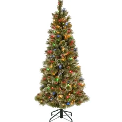 Slim-National Tree Company Pre-Lit Artificial Slim Christmas Tree, Glittering Pine, Green, Multicolor Lights, Decorated With Pine Cones, Ball Ornaments, Includes Stand, 5 Feet