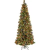 Slim-National Tree Company Pre-Lit Artificial Slim Christmas Tree, Glittering Pine, Green, Multicolor Lights, Decorated With Pine Cones, Ball Ornaments, Includes Stand, 7 Feet