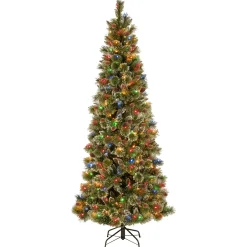 Slim-National Tree Company Pre-Lit Artificial Slim Christmas Tree, Glittering Pine, Green, Multicolor Lights, Decorated With Pine Cones, Ball Ornaments, Includes Stand, 7 Feet