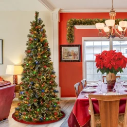 Slim-National Tree Company Pre-Lit Artificial Slim Christmas Tree, Glittering Pine, Green, Multicolor Lights, Decorated With Pine Cones, Ball Ornaments, Includes Stand, 7 Feet