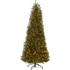 Slim-National Tree Company Pre-Lit Artificial Slim Christmas Tree, Green, Dunhill Fir, White Lights, Includes Stand, 7.5 Feet