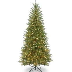 Slim-National Tree Company Pre-Lit Artificial Slim Christmas Tree, Green, Dunhill Fir, White Lights, Includes Stand, 7.5 Feet