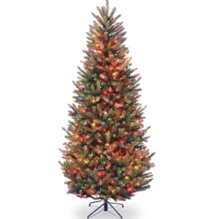 Slim-National Tree Company Pre-Lit Artificial Slim Christmas Tree, Green, Natural Fraser Fir, Multicolor Lights, Includes Stand, 7.5 Feet