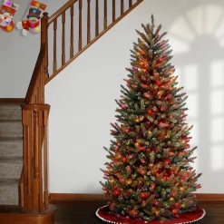 Slim-National Tree Company Pre-Lit Artificial Slim Christmas Tree, Green, Natural Fraser Fir, Multicolor Lights, Includes Stand, 7.5 Feet