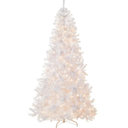 Full-National Tree Company Pre-Lit Artificial Slim Christmas Tree, White, North Valley Spruce, White Lights, Includes Stand, 7.5 Feet