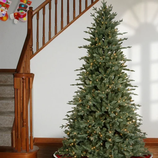 Full-National Tree Company Pre-Lit 'Feel Real' Artificial Christmas Tree, Buckingham Spruce, Blue, White Lights, Includes Stand, 7.5 Feet