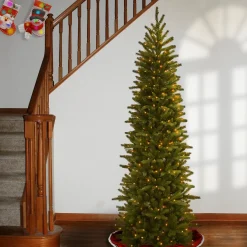 Slim-National Tree Company Pre-Lit 'Feel Real' Artificial Slim Christmas Tree, Grande Fir, Green, White Lights, Includes Stand, 7.5 Feet
