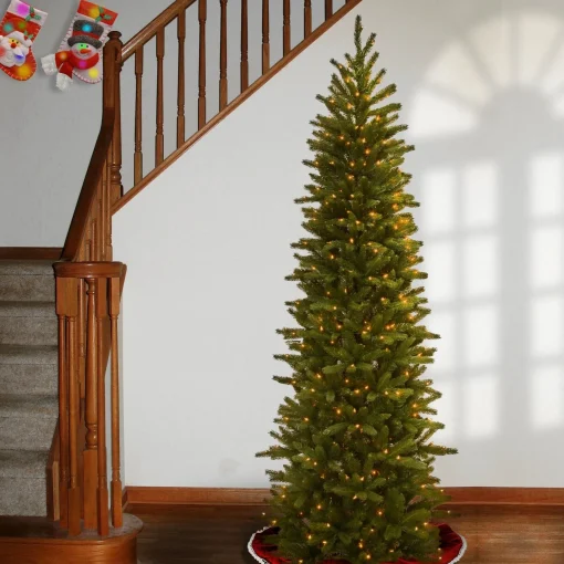 Slim-National Tree Company Pre-Lit 'Feel Real' Artificial Slim Christmas Tree, Grande Fir, Green, White Lights, Includes Stand, 7.5 Feet