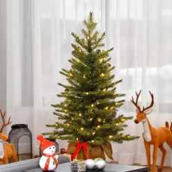 Led-National Tree Company Pre-Lit 'Feel Real' Artificial Mini Christmas Tree, Green, Nordic Spruce, White Lights, Includes Burlap Bag Base, 3 Feet