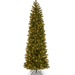 Slim-National Tree Company Pre-Lit 'Feel Real' Artificial Slim Downswept Christmas Tree, Green, Douglas Fir, White Lights, Includes Stand, 7.5 Feet