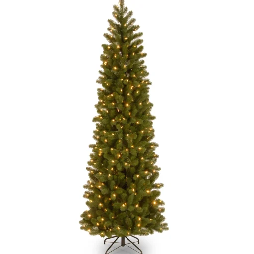Slim-National Tree Company Pre-Lit 'Feel Real' Artificial Slim Downswept Christmas Tree, Green, Douglas Fir, White Lights, Includes Stand, 7.5 Feet